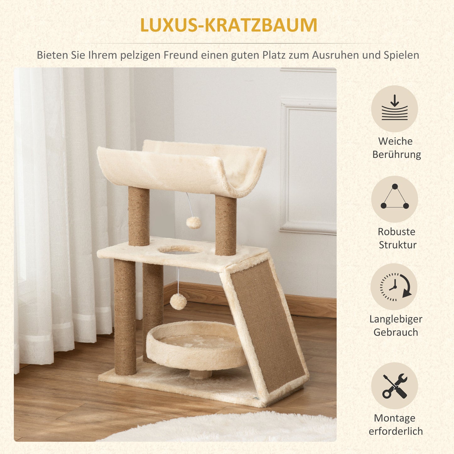 PawHut Kratzbaum Katzenbaum, inkl. Spielzeug und Katzenbett, 60 cm x 30 cm x 76 cm, Creme + Natur