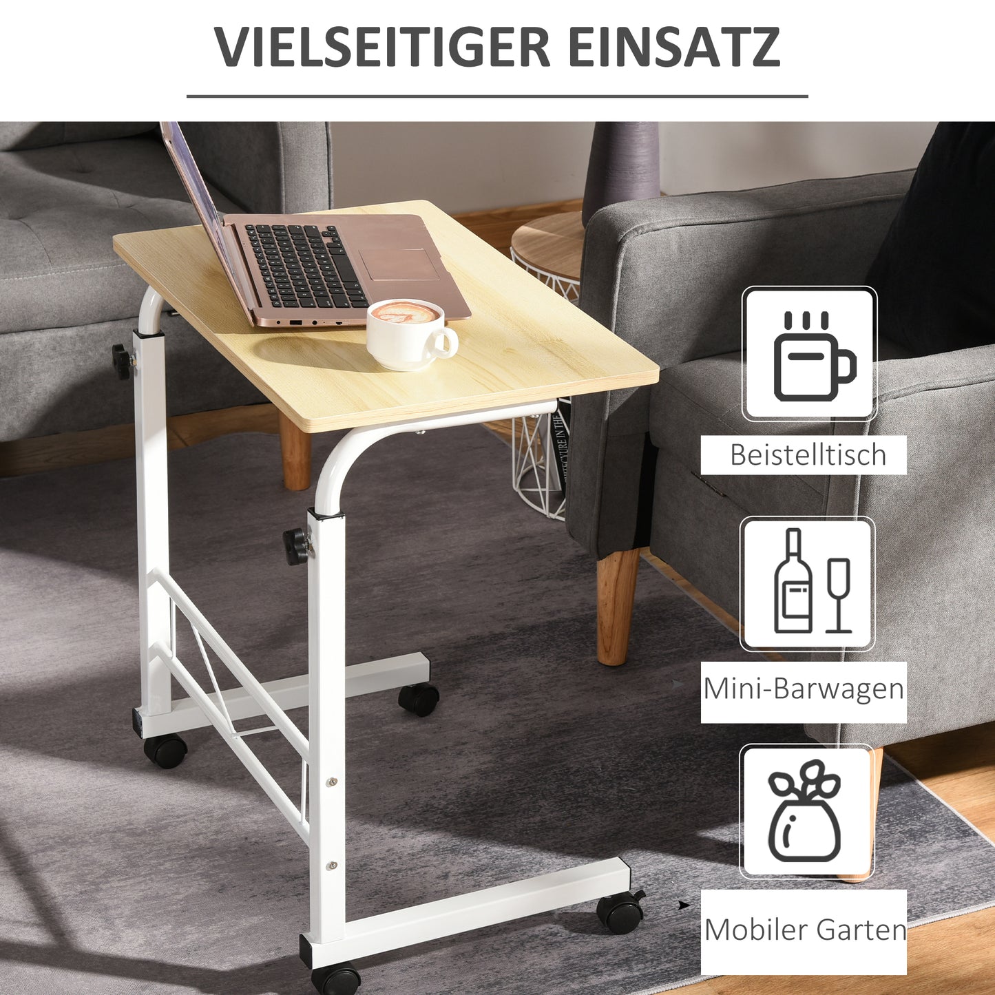 HOMCOM Beistelltisch höhenverstellbarer Couchtisch mobiler Endschreibtisch mit Rädern Feststellbremsen C-Tische Spanplatte Stahl Eisen Kunststoff Weiße Ahornfarbe 60 x 40 x 68-78 cm