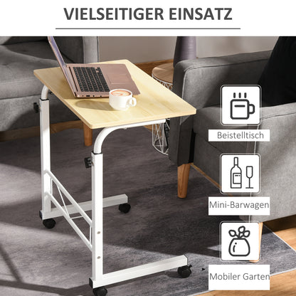 HOMCOM Beistelltisch höhenverstellbarer Couchtisch mobiler Endschreibtisch mit Rädern Feststellbremsen C-Tische Spanplatte Stahl Eisen Kunststoff Weiße Ahornfarbe 60 x 40 x 68-78 cm