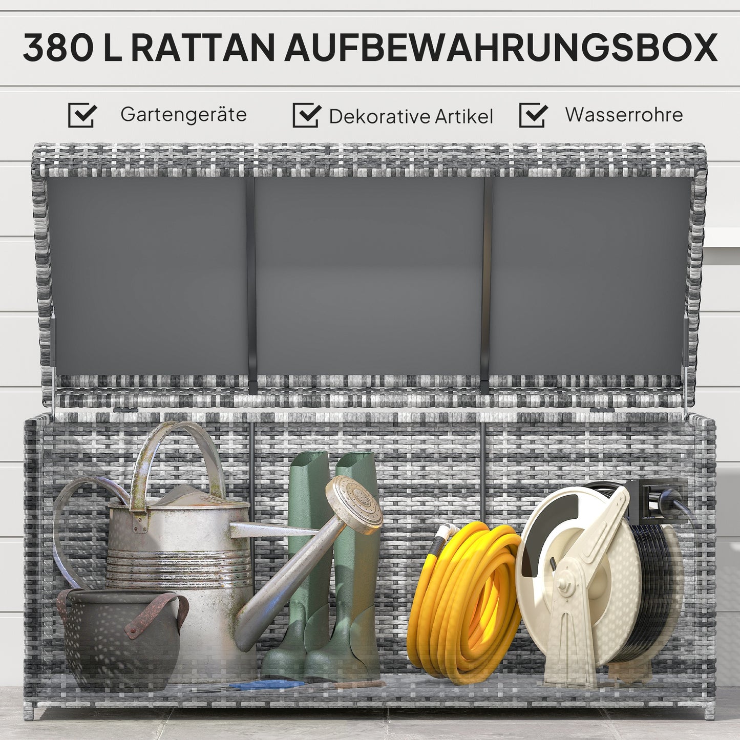 Outsunny Rattan Auflagenbox 380L vattenfest Kissenbox mit Deckel Staurum UV-beständig 130 x 61 x 65 cm Dunkelgrau