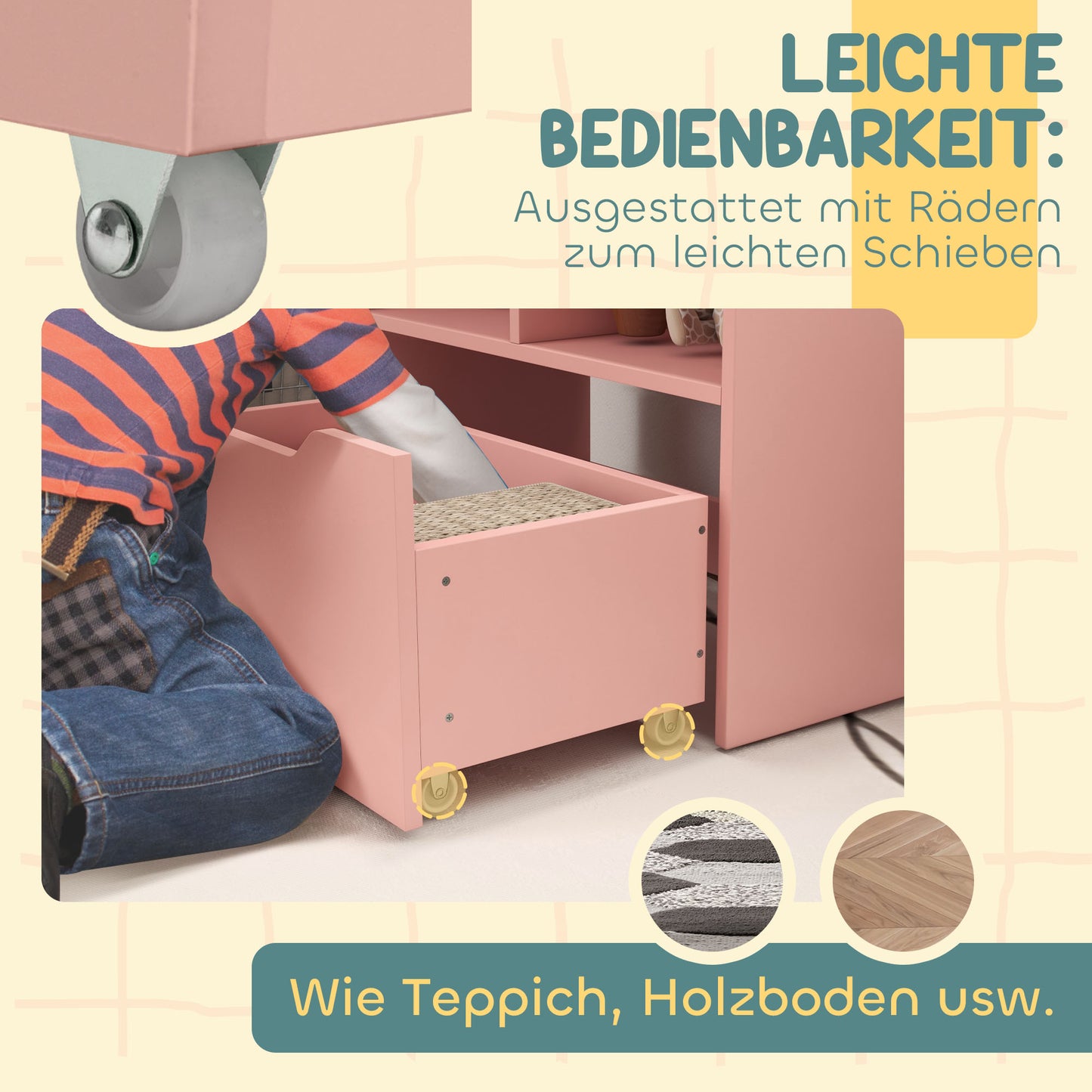 HOMCOM Kinderregal mit Schublade, Bücherregal mit Fächern, 60 x 29,9 x 90 cm, Rosa