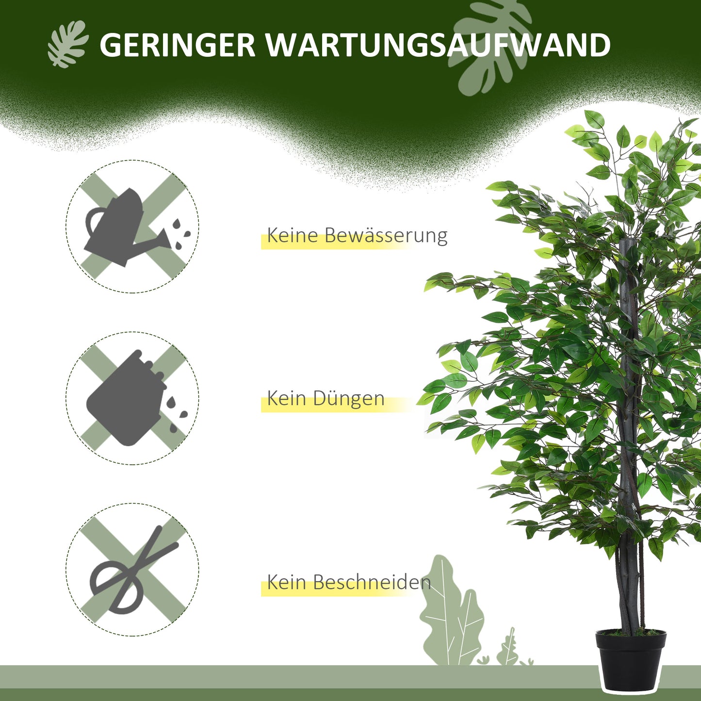 Outsunny Künstlicher Ficus-baum groß 145 cm, Kunstbaum, Kunstpflanze, Plastik Künstliche Pflanzen im Topf, Fake Plant wie echt für Wohnzimmer Schlafzimmer Büro Garten Moderne Dekoration Geschenk