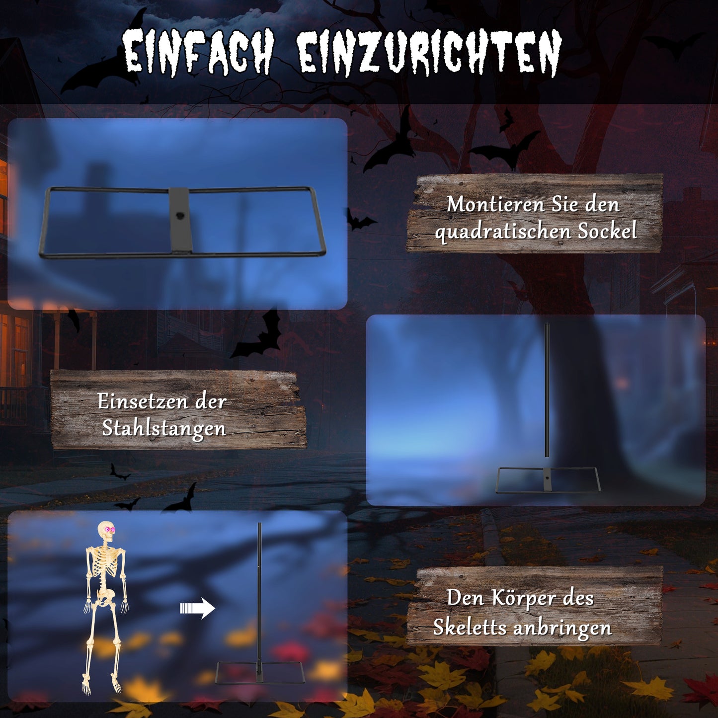 Outsunny Skelett-Figur, Halloween-Dekoration, bewegliche Arme und Beine, Geräusch-Aktivierung, leuchtende Augen, Batteriebetrieb, 152 cm, Metall, Kunststoff, Gelb