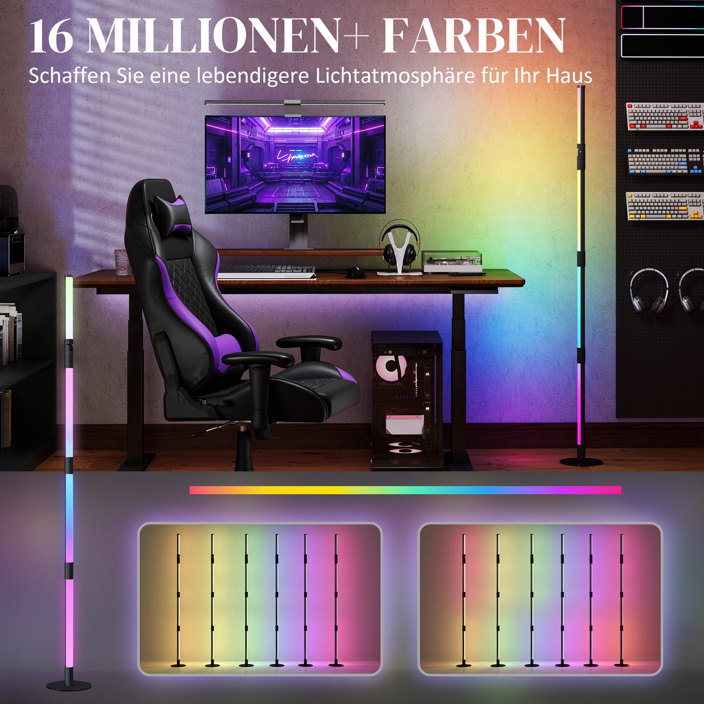 HOMCOM LED-Stehlampe, Standfußlampe mit Fernbedienung und verschiedenen Farben, Timer, App, Musik-Synchronisation, Dunkelgrau