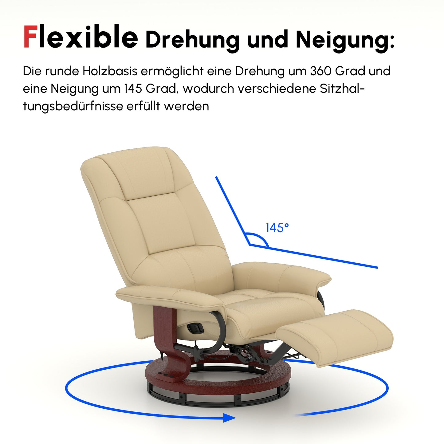 HOMCOM Relaxsessel, verstellbar, Liegefunktion, bis 120 kg, Kunstleder, 78 x 87 x 100 cm, Creme