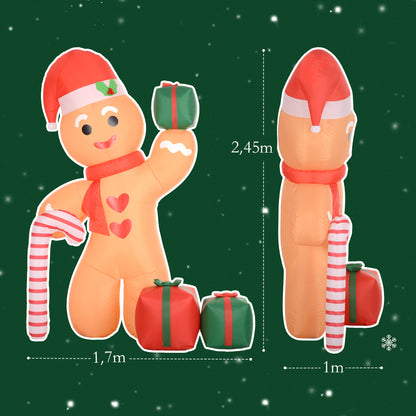 Outsunny Lebkuchenmann mit Zuckerstange, 2,45 m groß, aufblasbar, weiße LED-Beleuchtung, 170 x 100 x 245 cm
