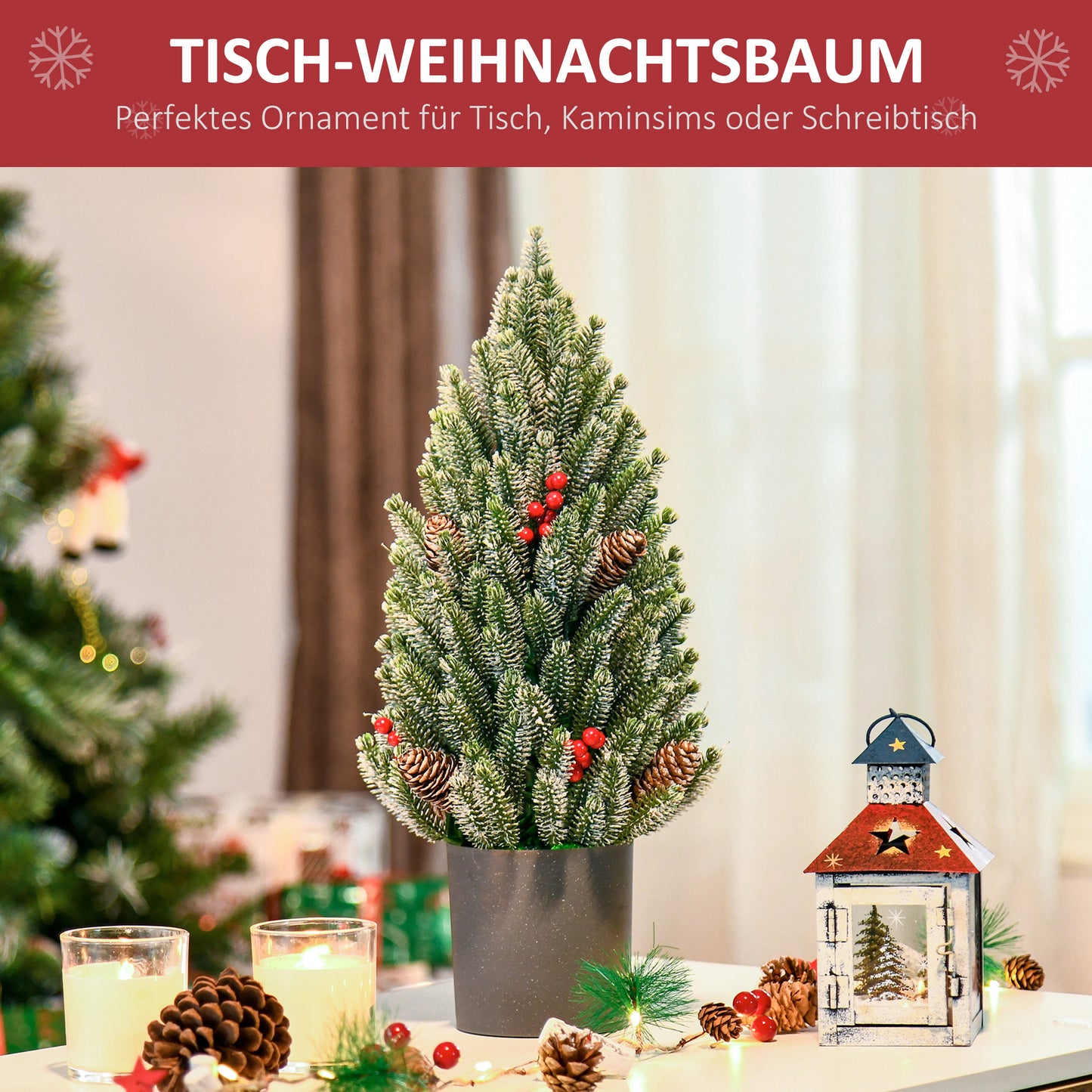 HOMCOM Mini Weihnachtsbaum mit Tannenzapfen, roten Beeren und Übertop 50 cm hoch, Mehrfarbig