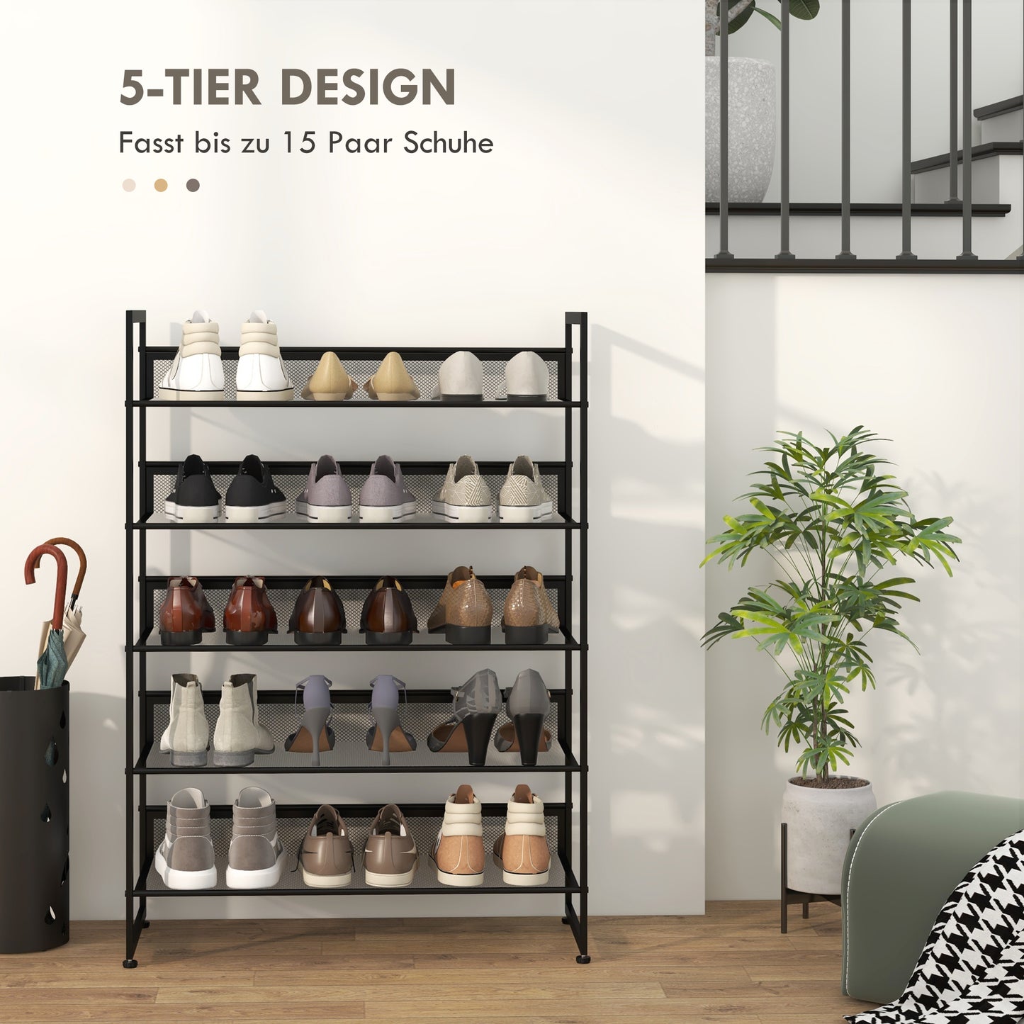 HOMCOM kleines Schuhregal Schuhablage Schuhständer hoch schmal, 5 Regale, 72 cm x 30 cm x 102 cm, Schwarz