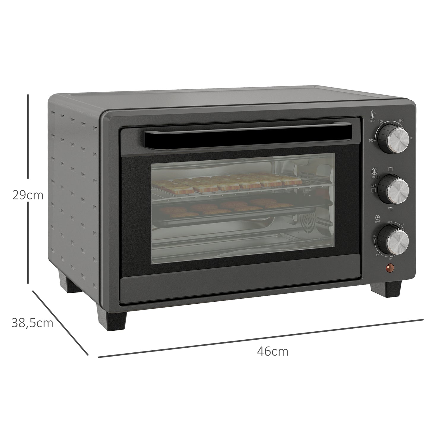 HOMCOM Minibackofen, 21 L Toasterofen mit 1 Drahtgestell und 1 Backblech, 3 Kochmodi, 100 °C-230 °C, Edelstahl, Glas, Grau