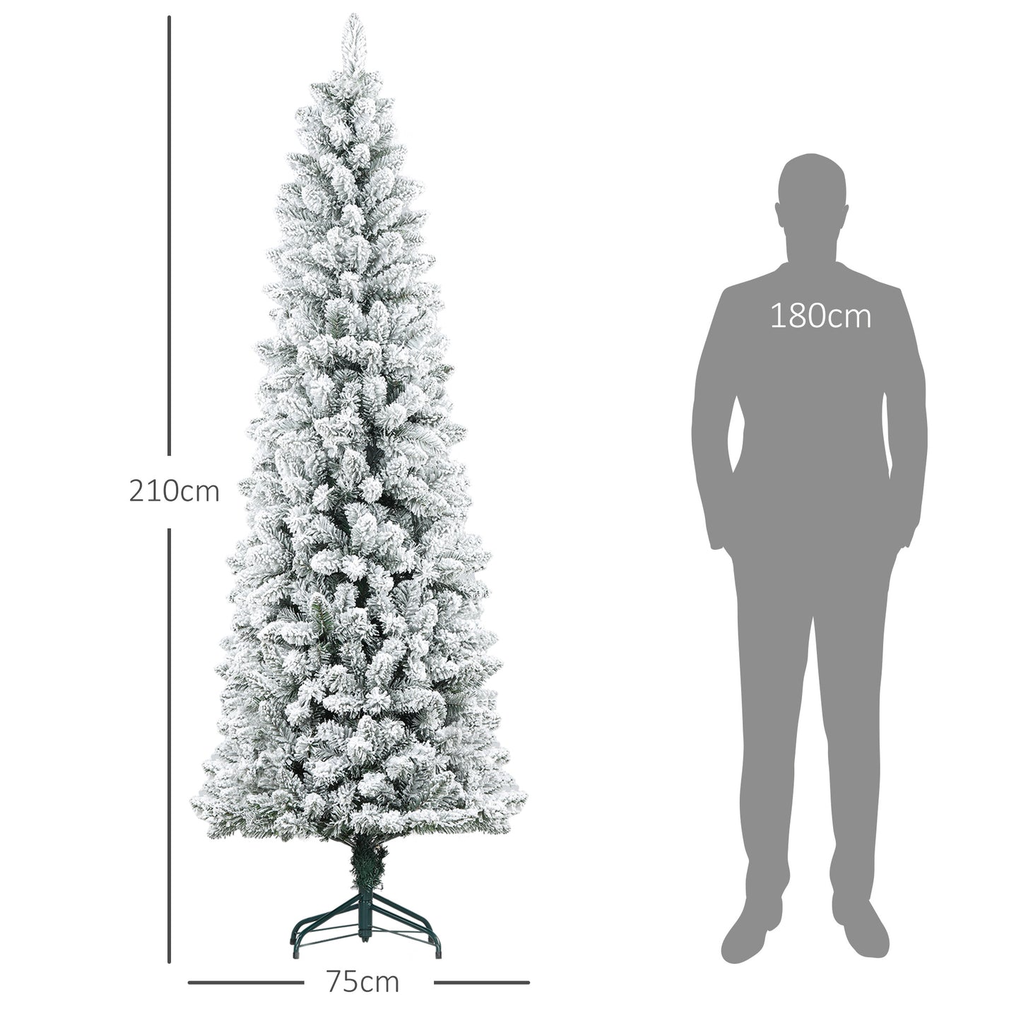 HOMCOM Künstlicher Weihnachtsbaum, flammenhemmend, mit Kunstschnee, schlank, Stahlfuß, 75 x 210 cm, Grün