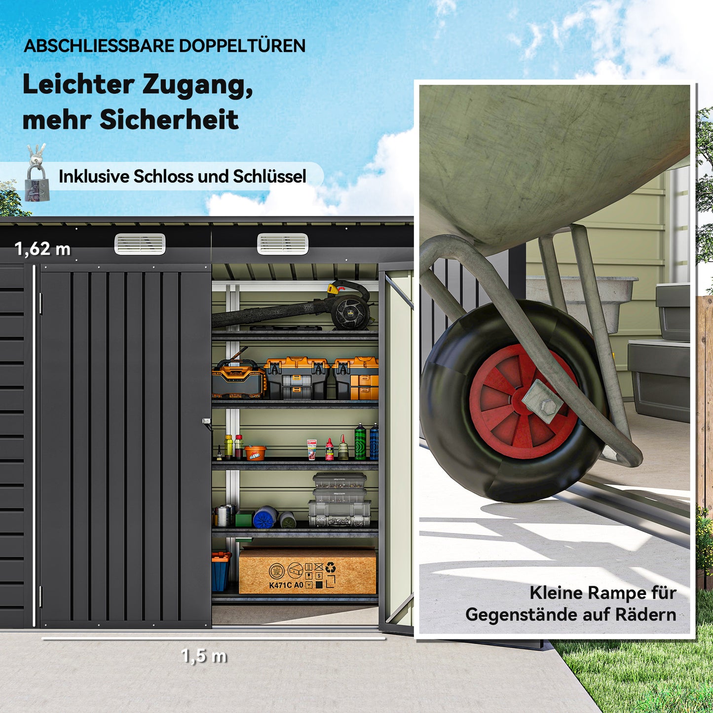 Outsunny Stahlgartenschuppen, Geräteschuppen, Doppeltüren, 249B x 121T x 166/183Hcm, Grau