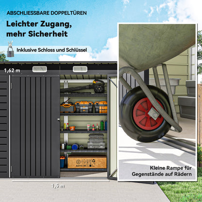 Outsunny Stahlgartenschuppen, Geräteschuppen, Doppeltüren, 249B x 121T x 166/183Hcm, Grau