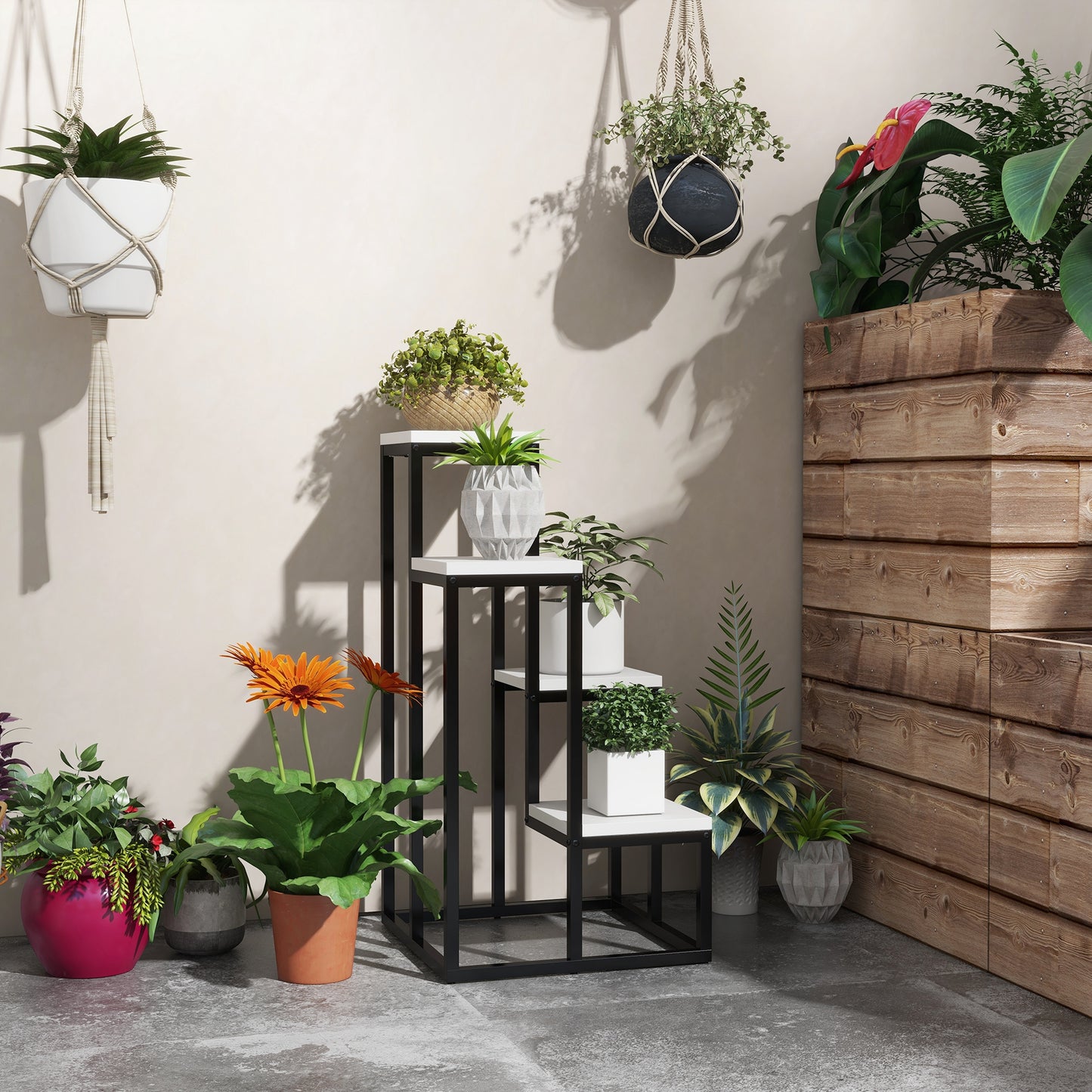 Outsunny Blumenregal, 4 Etagen, Indoor & Outdoor, Metallrahmen, 34L x 34B x 70H cm, Schwarz+Weiß