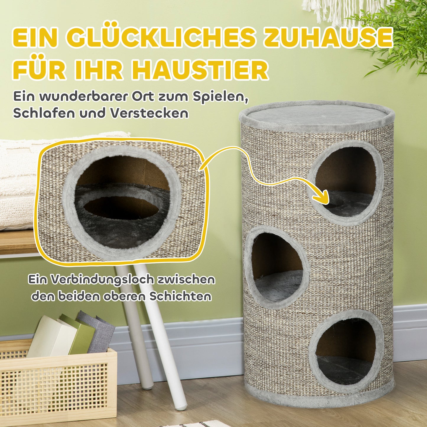 PawHut Kratztonne mit 3 Ebenen, inkl. Kratzfläche aus Sisalseil, Kratztonne für Katzen, 38 cm x 38 cm x 70 cm, Hellgrau