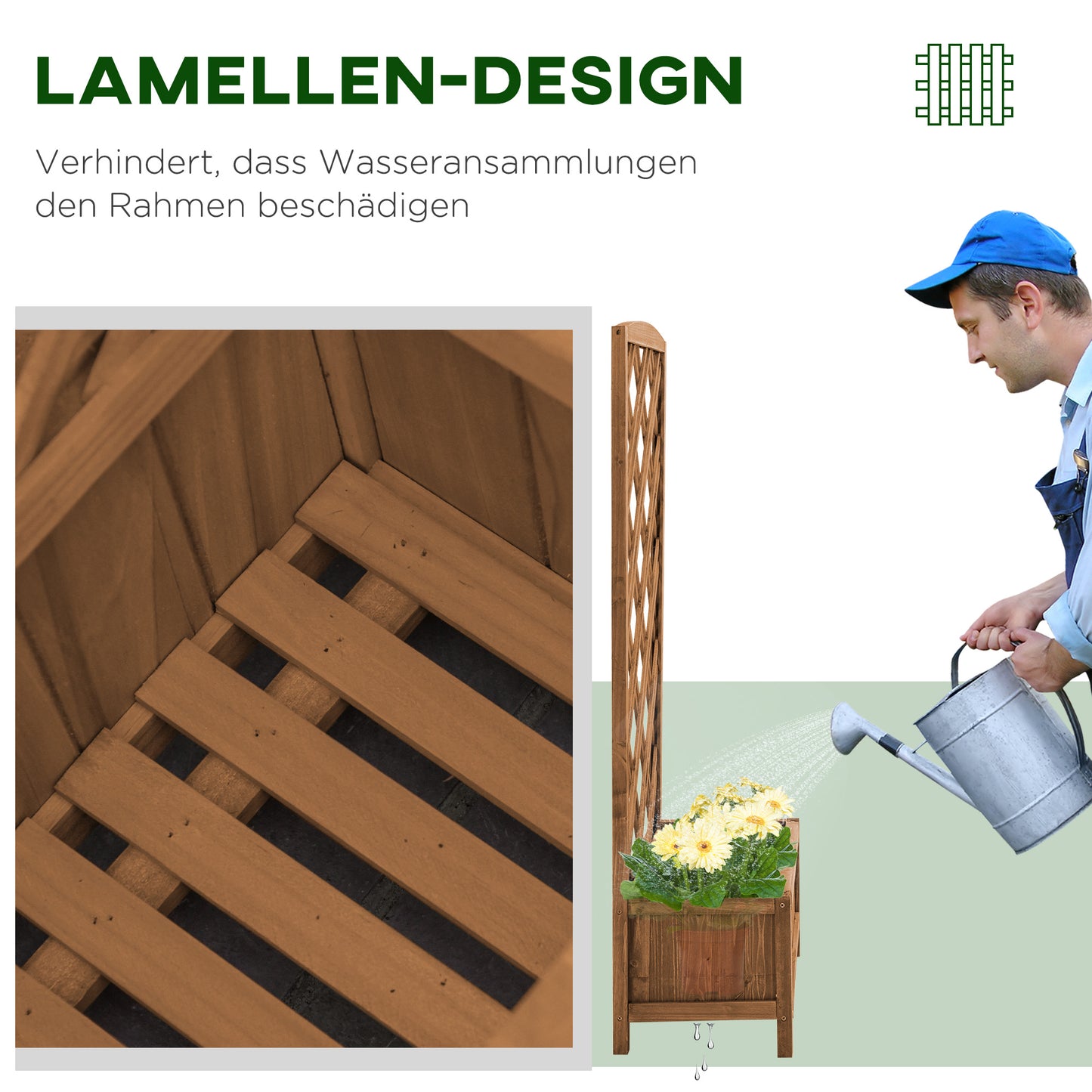 Outsunny Hochbeet Blumenständer Garten Pflanzkasten mit Rankgitter Holz Rankkasten Gelb 60 x 30 x 122,5 cm