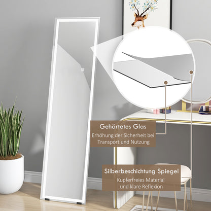 HOMCOM Standspiegel Wandspiegel Ganzköprerspiegel, mit LED´s, 40 cm x 150 cm, Weiß + Silber