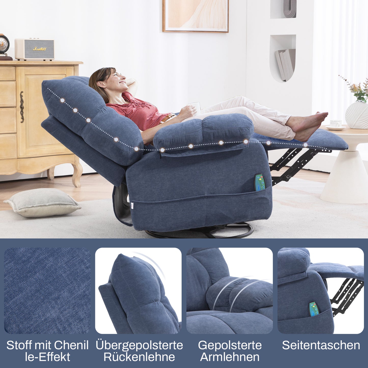 HOMCOM Massagesessel mit Wärme- & Liegefunktion, drehbar, bis 150 kg, Metallgestell, 98x90x98cm, Blau
