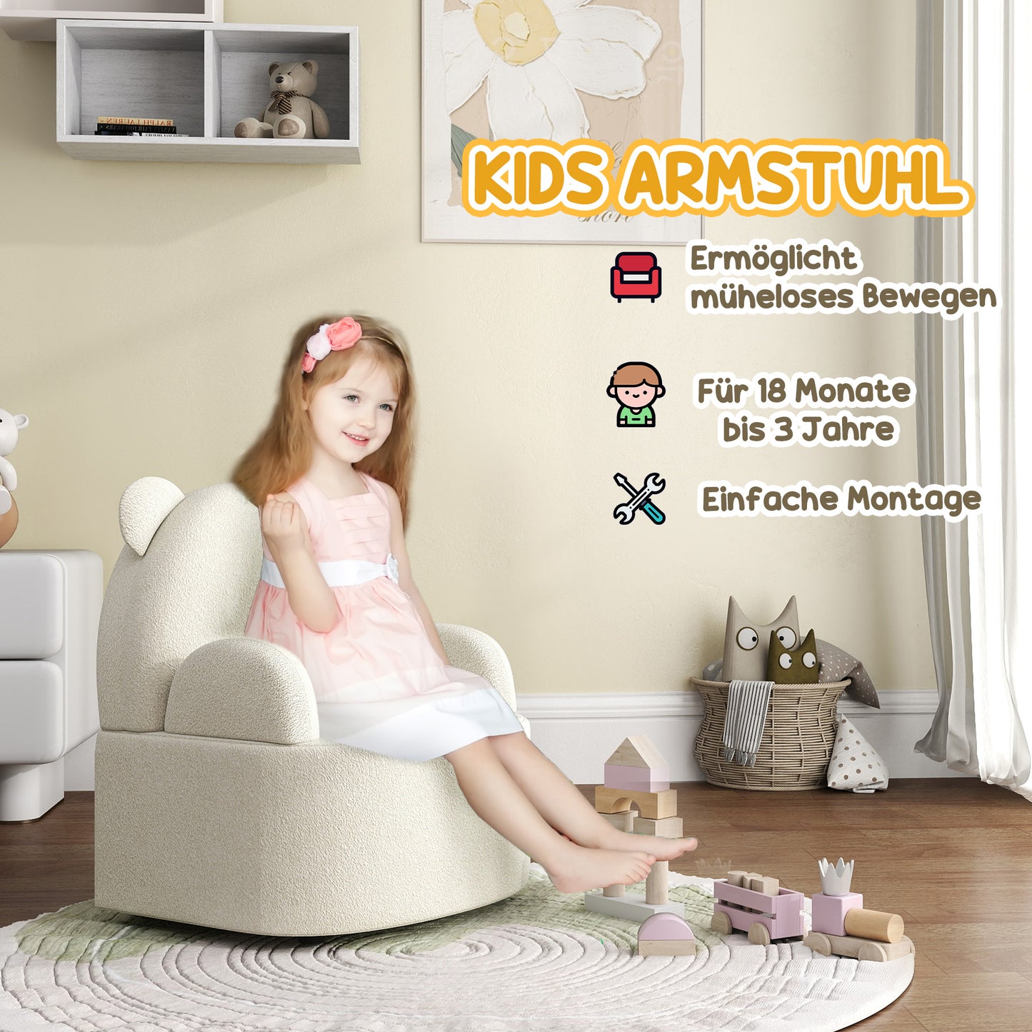 AIYAPLAY Kindersessel, Bärenform, weicher Teddyfleece, bis 3 Jahre, 52x48x59 cm, Beige