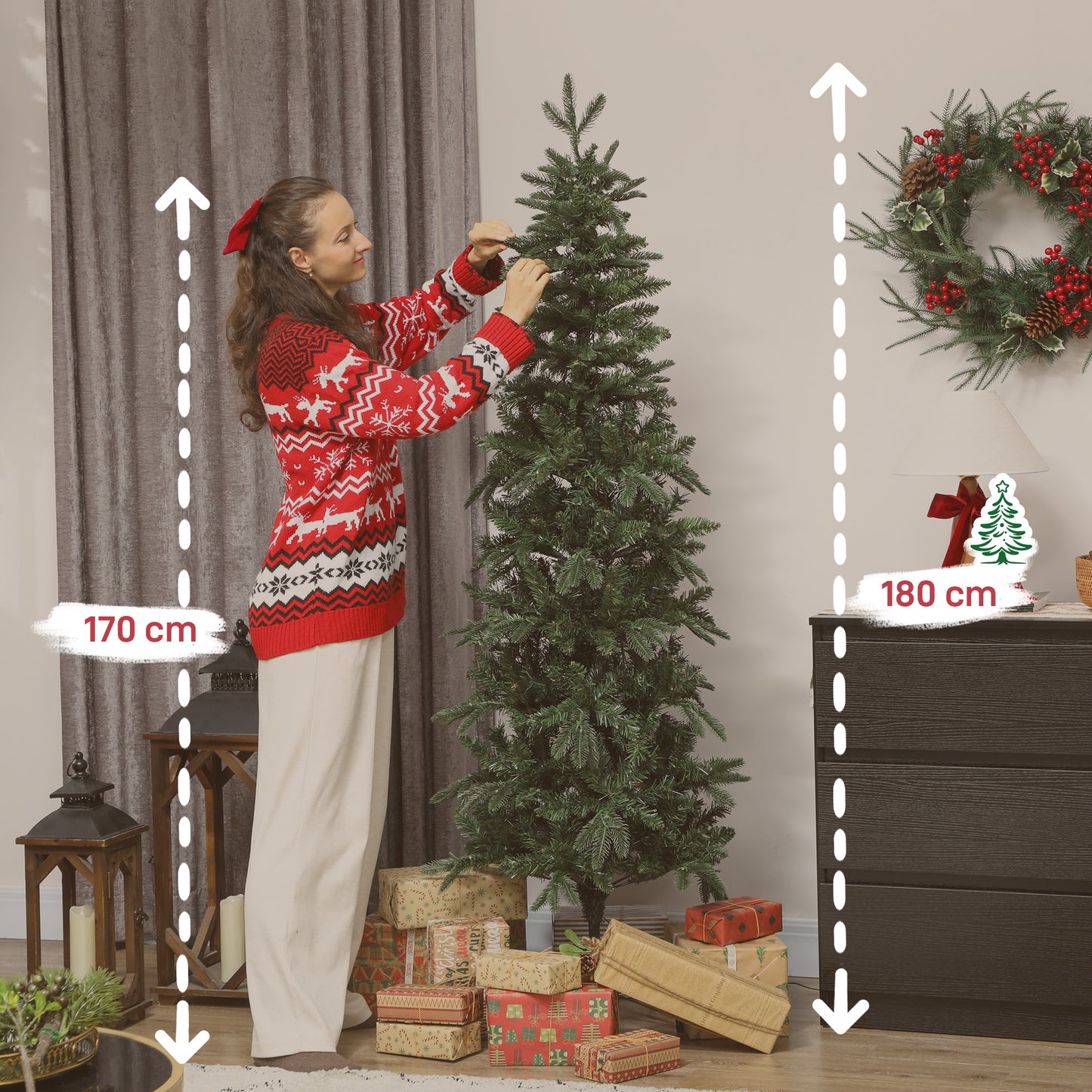 HOMCOM Weihnachtsbaum künstlich 180 cm Christbaum mit 605 dichten Zweigen, 200 warmweiß LED Indoor