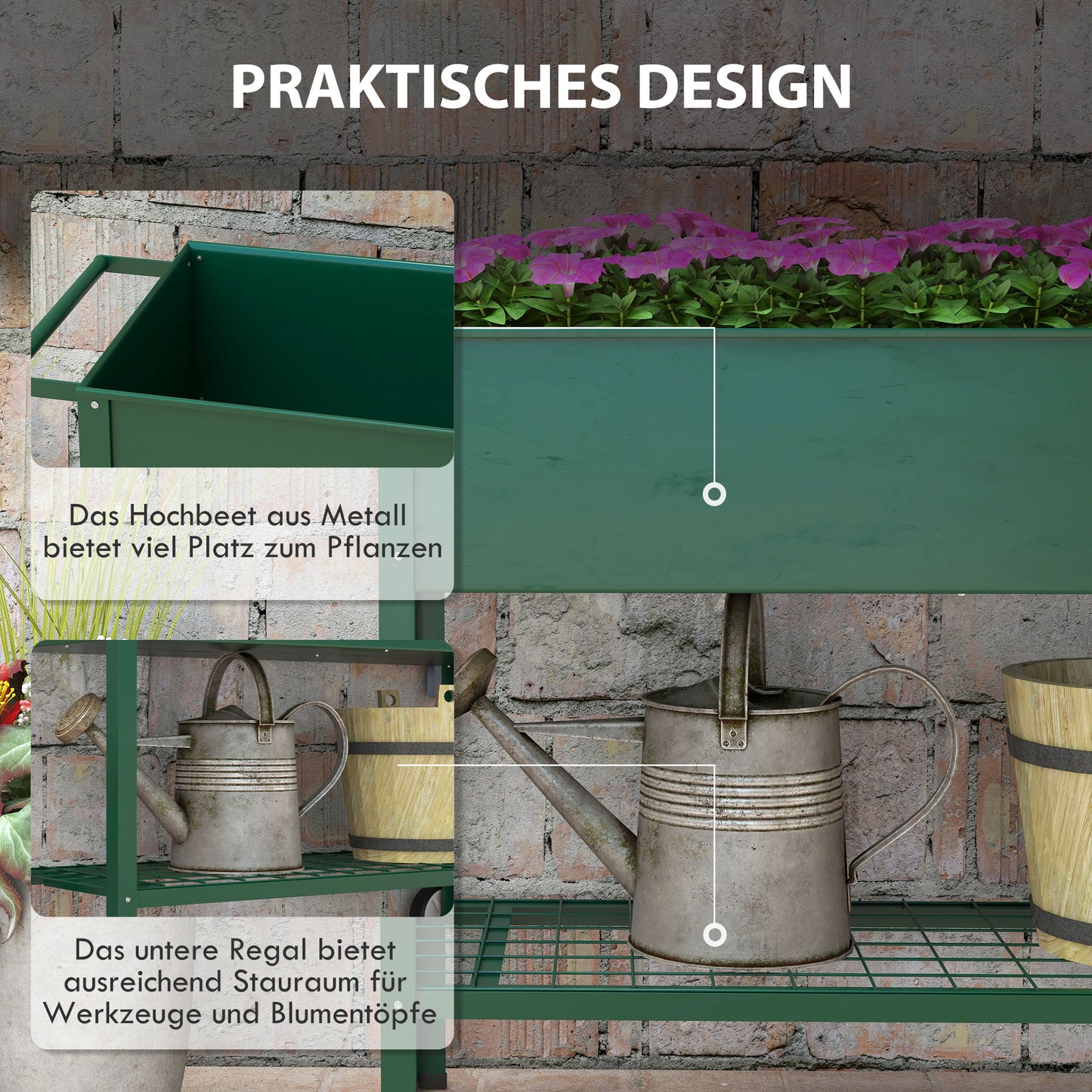Outsunny Hochbeet Pflanzbeet Pflanzkasten, 1 Ablage, 2 Rollen, 109 cm x 44 cm x 80 cm, Grün