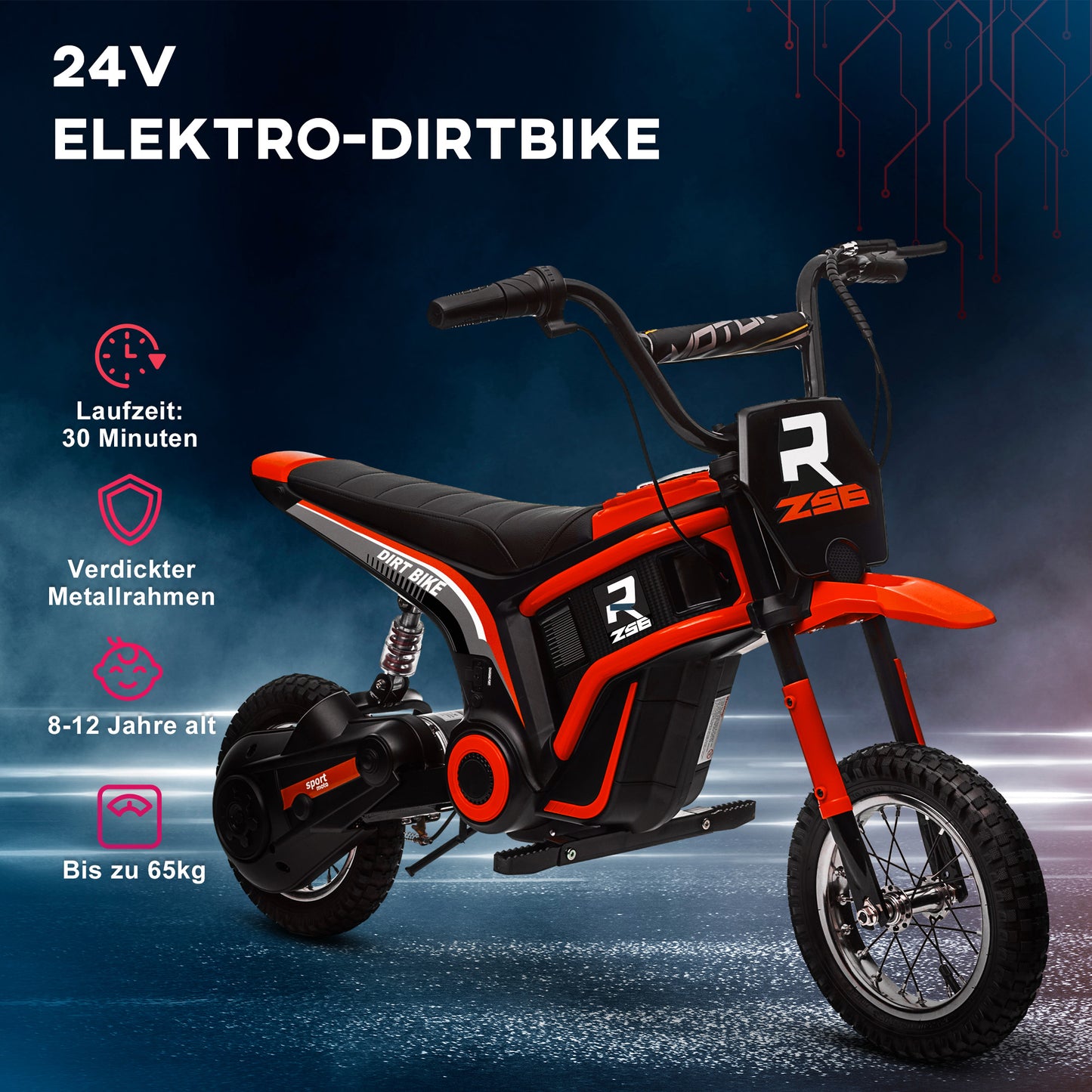 HOMCOM Elektro-Motorrad für Kinder, 24V Kindermotorrad mit Hupe, Leuchte, mit Drehgriff-Gashebel, 8-16 km/h, 8-12 Jahre, Rot