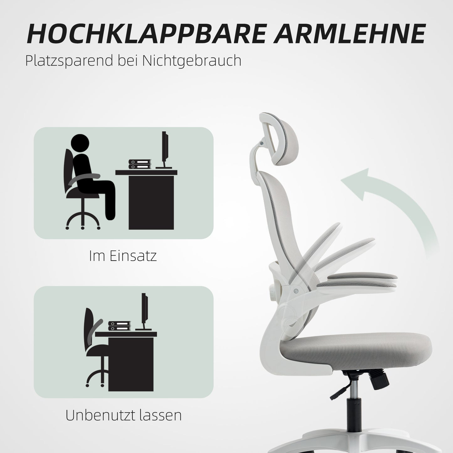 HOMCOM Ergonomischer Bürostuhl mit Netzstoff-Rückenlehne, höhenverstellbar, klappbare Armlehnen, 5 Rollen, Wippfunktion, Grau