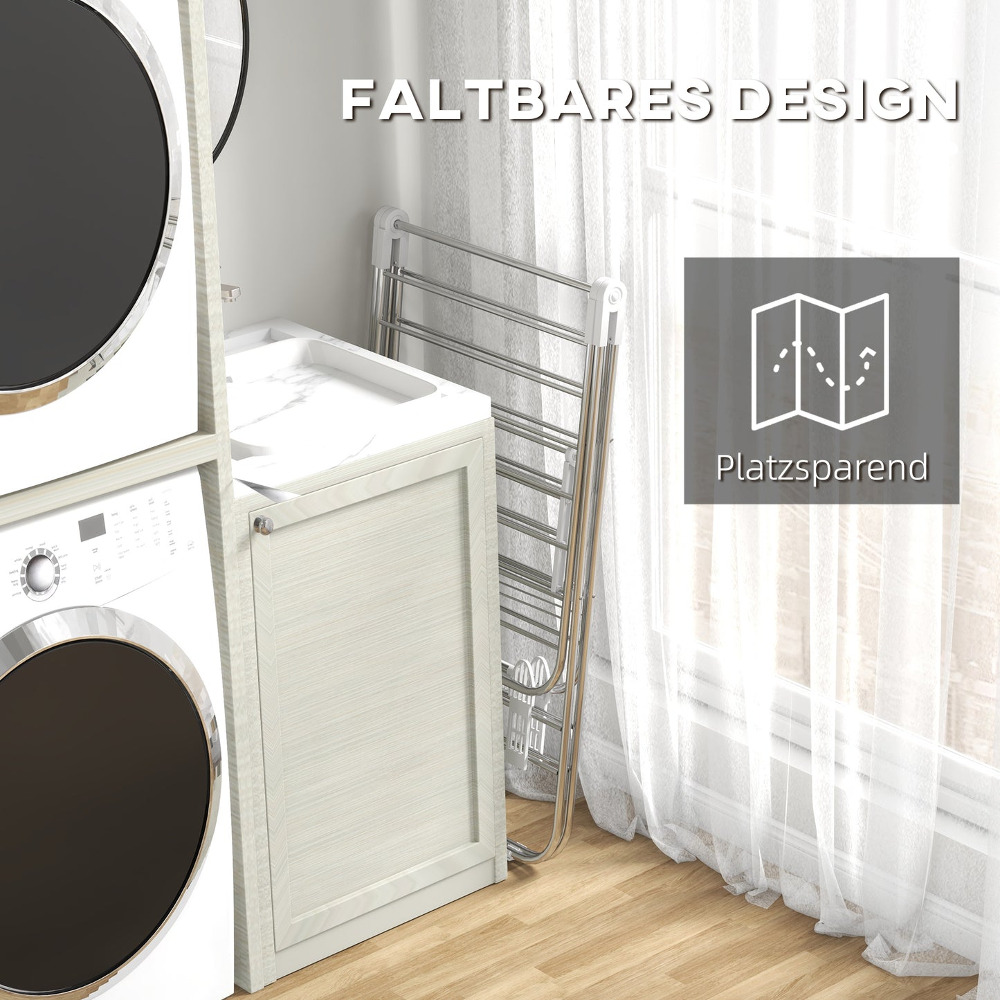 HOMCOM Wäscheständer 1,48 m Trockenlänge tragbar Standtrockner mit Teleskopstangen, Flügelwäscheständer Wäschetrockner für Innen und Außen, Silber+Weiß