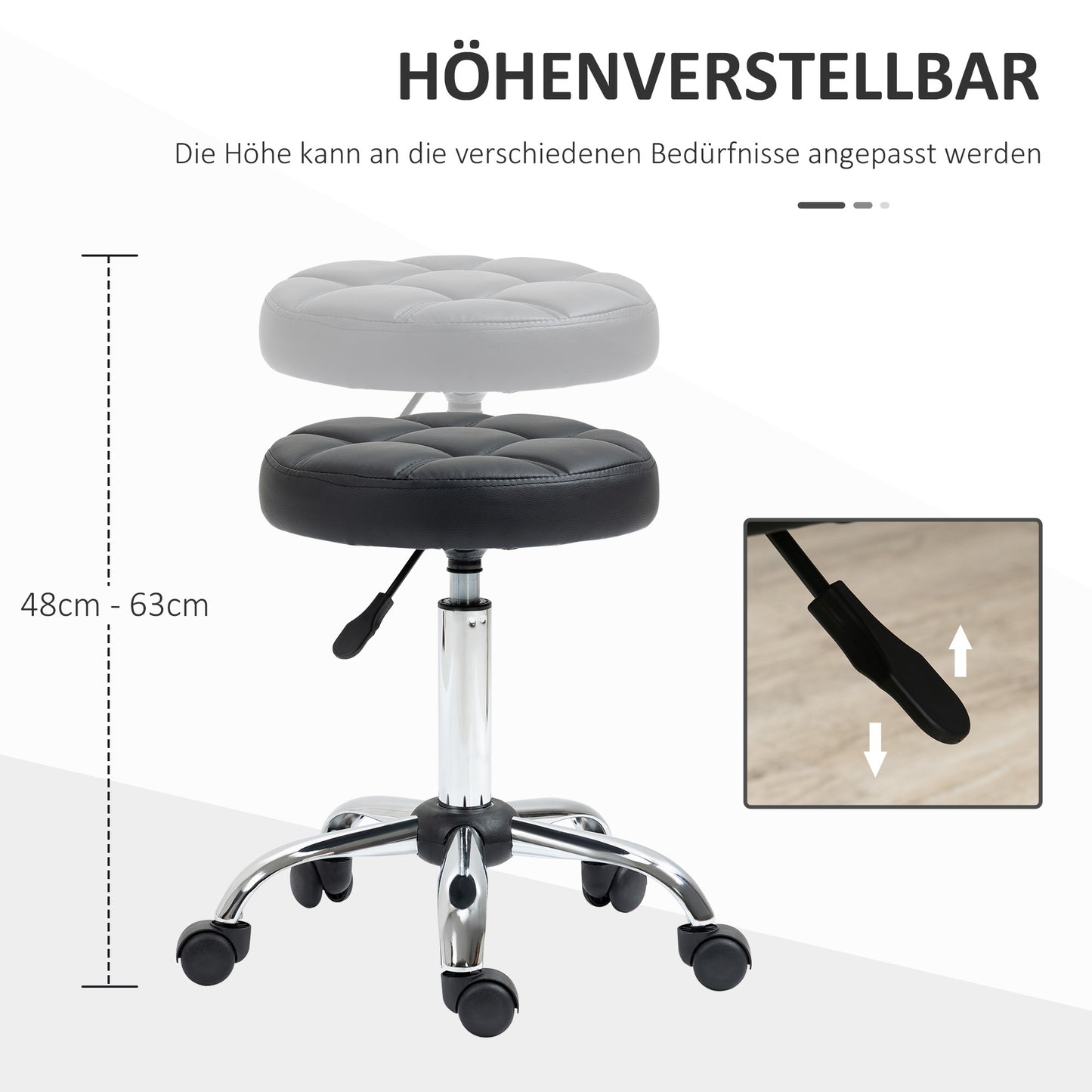 HOMCOM 2er-Set Rollhocker höhenverstellbar, Drehhocker 48-63 cm, Arbeitshocker 360° drehbar, Bürohocker für Büro, Salon, Massage, Spa, Schwarz