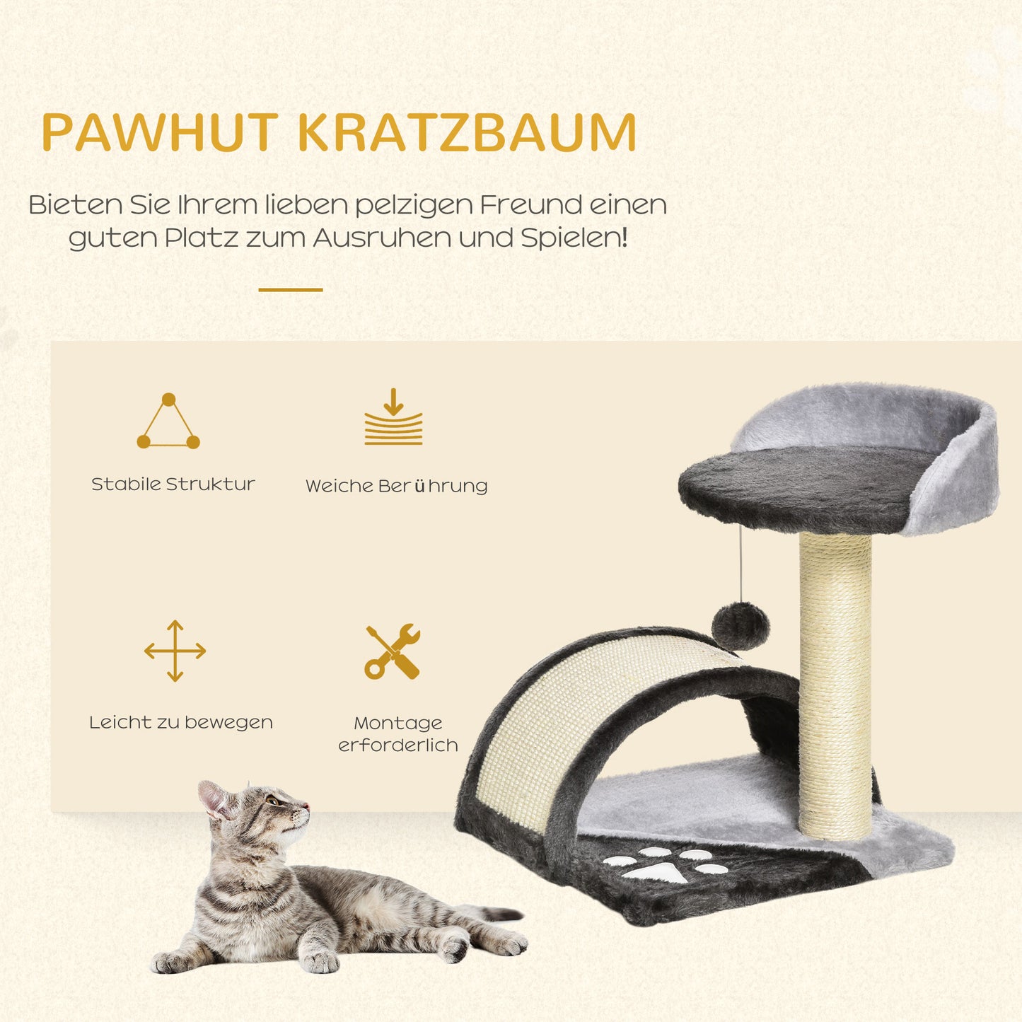 PawHut Kratzbaum 46 cm Kleiner Katzenturm mit Höhle, Spielball, Sisal-Seil, erhöhter Plattform, Katzenkratzbaum, Kletterbaum, för Katzen till 4 kg, Dunkelgrau