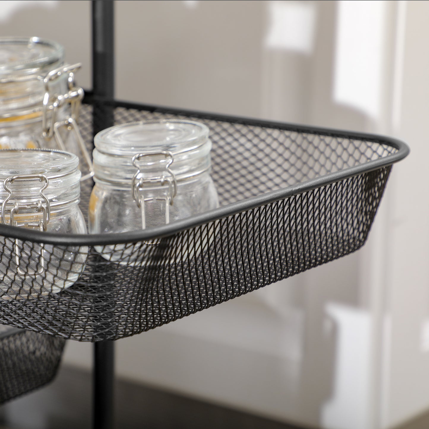 HOMCOM Rollwagen mit 4 Körben, Küchenwagen, 4 Räder mit 2 Bremsen, Allzweckwagen, Schwarz, 41,5 x 31 x 66 cm