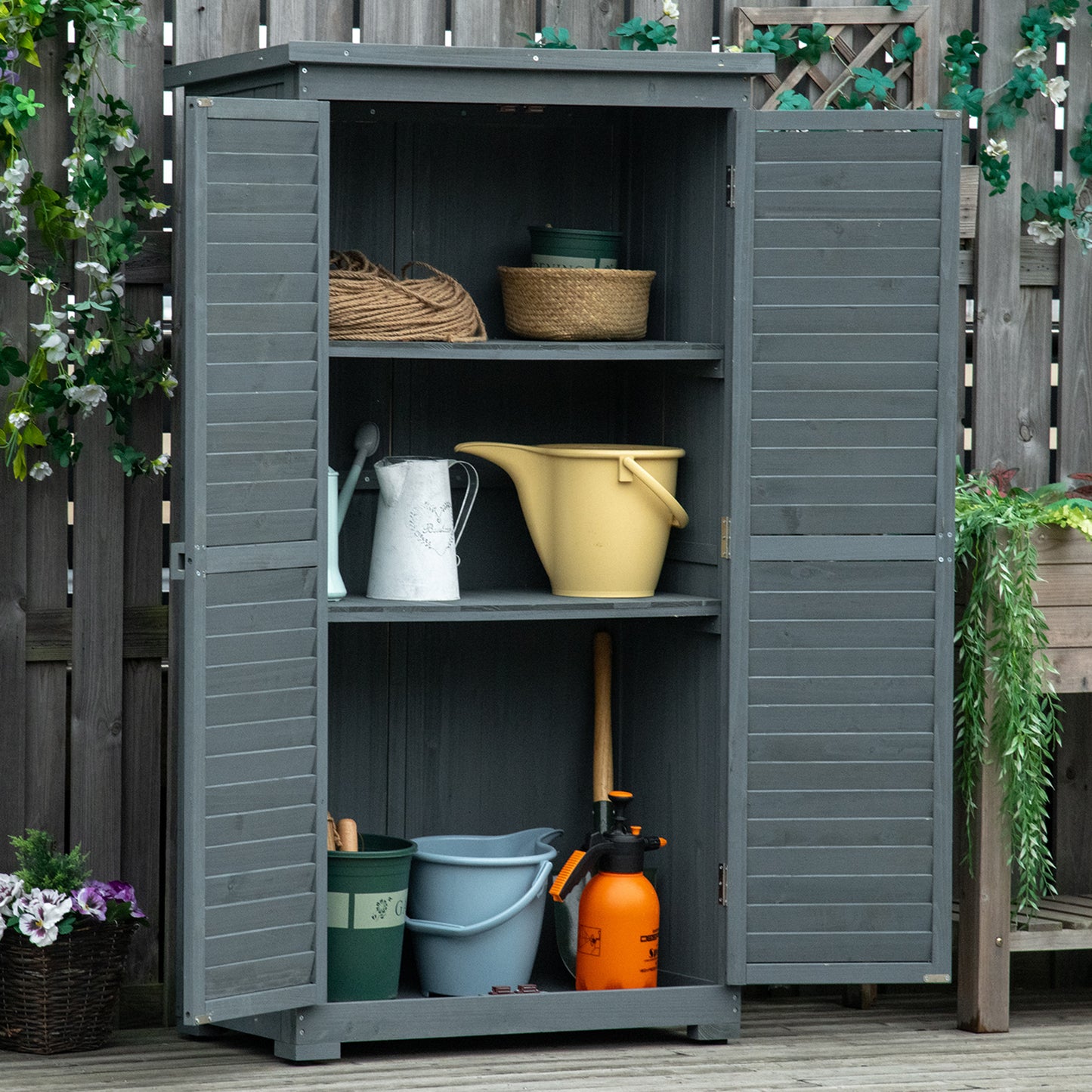 Outsunny Gartenschrank Holz Gerätehaus Geräteschuppen Geräteschrank Holzhütte Pultdach Bitumenpappe Lamellentüren Grau 87 x 46,5 x 160 cm