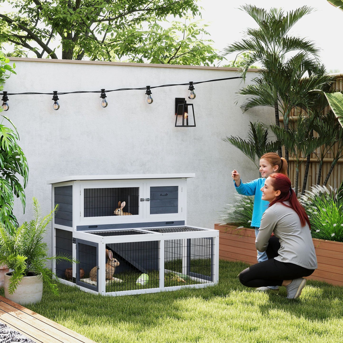 PawHut Hasenstall 2 Ebenen mit klappbar Dach Kaninchenstall aus Vollholz Winterfest Doppelstockhaus 122x95x93,5 cm Grau