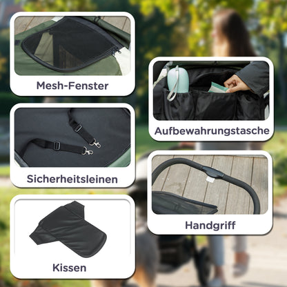 PawHut Hundewagen, Faltbarer Hundebuggy für große Hunde, Haustierwagen mit 4 Rädern, Sicherheitsleinen, Bremsen, Dunkelgrün