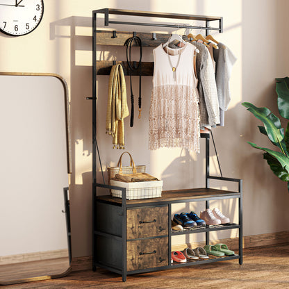 HOMCOM 6-in-1 Garderobenständer mit Sitzbank und Schuhregal, Industrie-Stil, 10 Haken, 2 Stoffschubladen, Metall, Braun