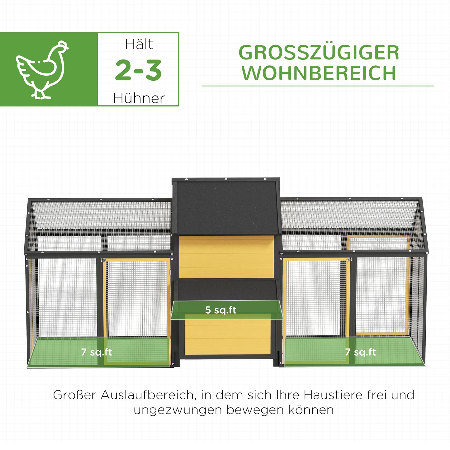 PawHut Hühnerstall Kleintierstall 2 Außengehege, 1 Nistkasten, 2 Rampen, Asphaltdach, wetterbeständig, Gelb