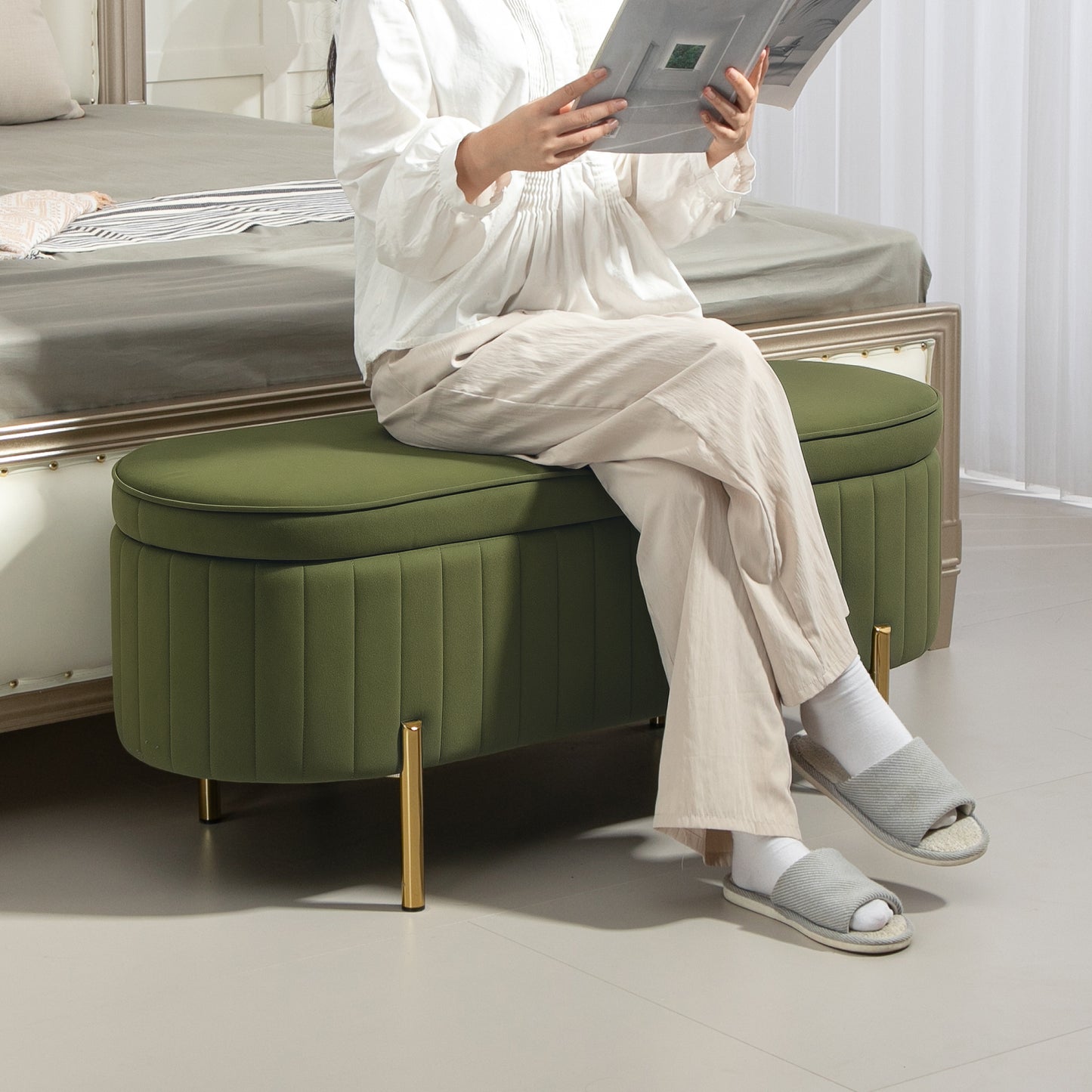 HOMCOM Sitzbank mit Klappdeckel und Stauraum, Stoffbezug, Holz, Metall, Dunkelgrün+Goldfarben