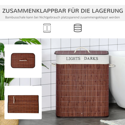 HOMCOM Bambus Wäschekorb schmal mit Deckel 100L Wäschesammler mit Griffen, 2 herausnehmbarer Wäschesack, Laundry Baskets Wäschebox für Waschküche, Schlafzimmer, Badezimmer Braun