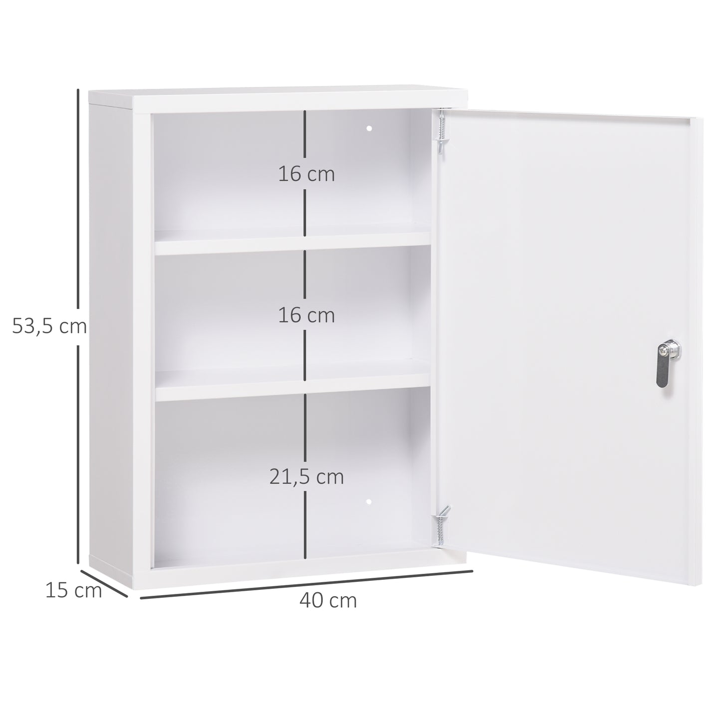 kleankin Medizinschrank, 3 Fächer, abschließbare Tür, stabiles Stahlgehäuse, weiß, 40 x 15 x 53,5 cm