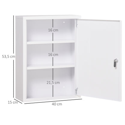 kleankin Medizinschrank, 3 Fächer, abschließbare Tür, stabiles Stahlgehäuse, weiß, 40 x 15 x 53,5 cm