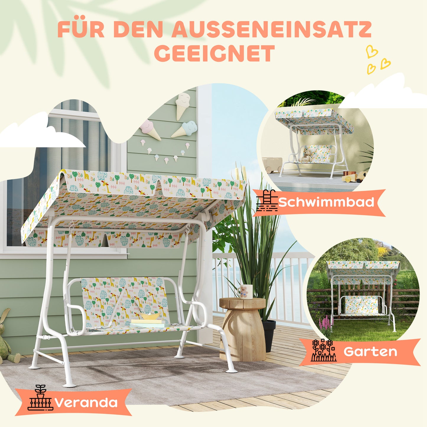 AIYAPLAY Hollywoodschaukel für Kinder, Stahlrahmen, 2-Sitzer, 60 kg belastbar, Weiß