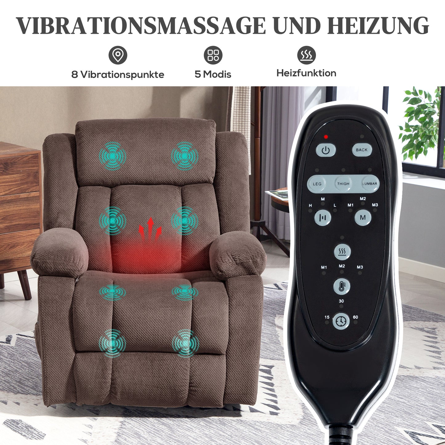 HOMCOM Massage-Sessel, 8 Vibrationspunkte, 5 Modi, Lendenheizung, verstellbar, drehbar, Polstersessel, Braun