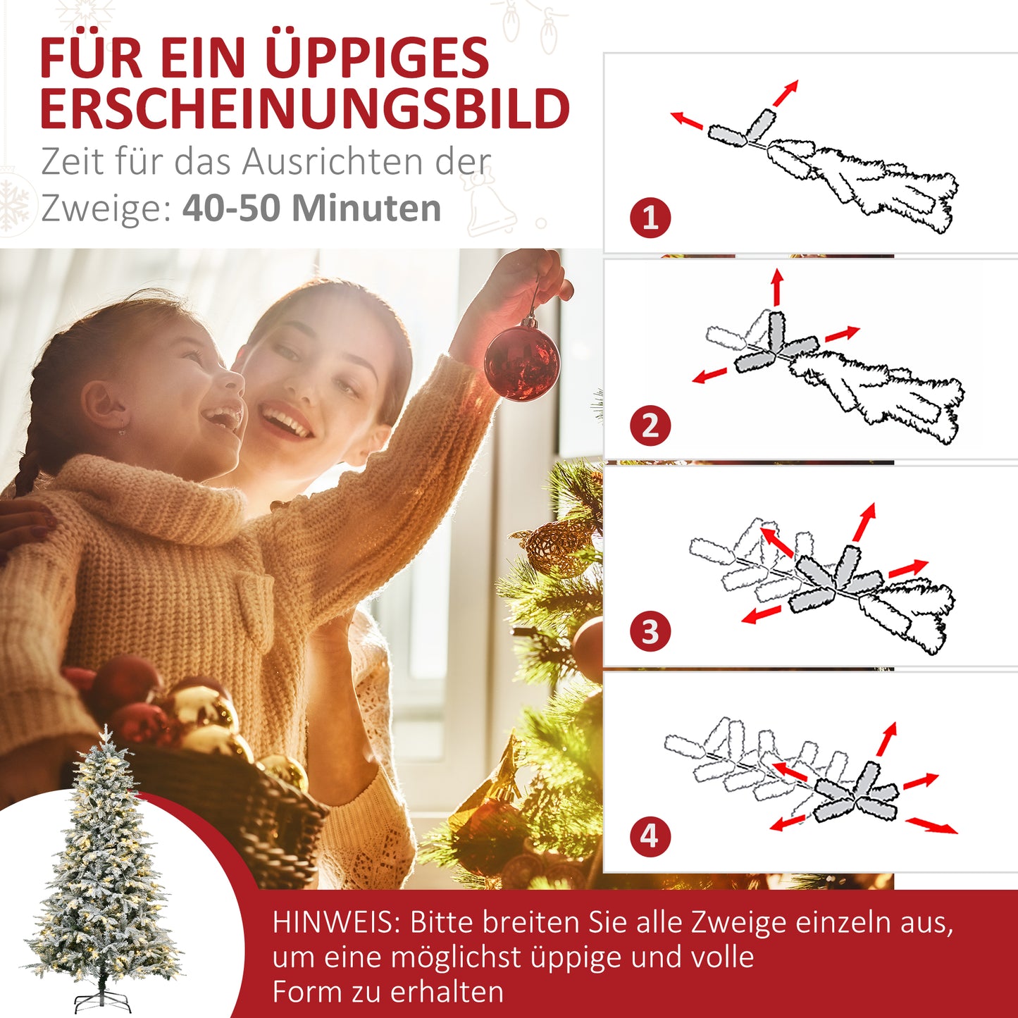HOMCOM Künstlicher Weihnachtsbaum, Christbaum, inkl. Kunstschnee, LED-Lichter, 180 cm, Grün + Weiß