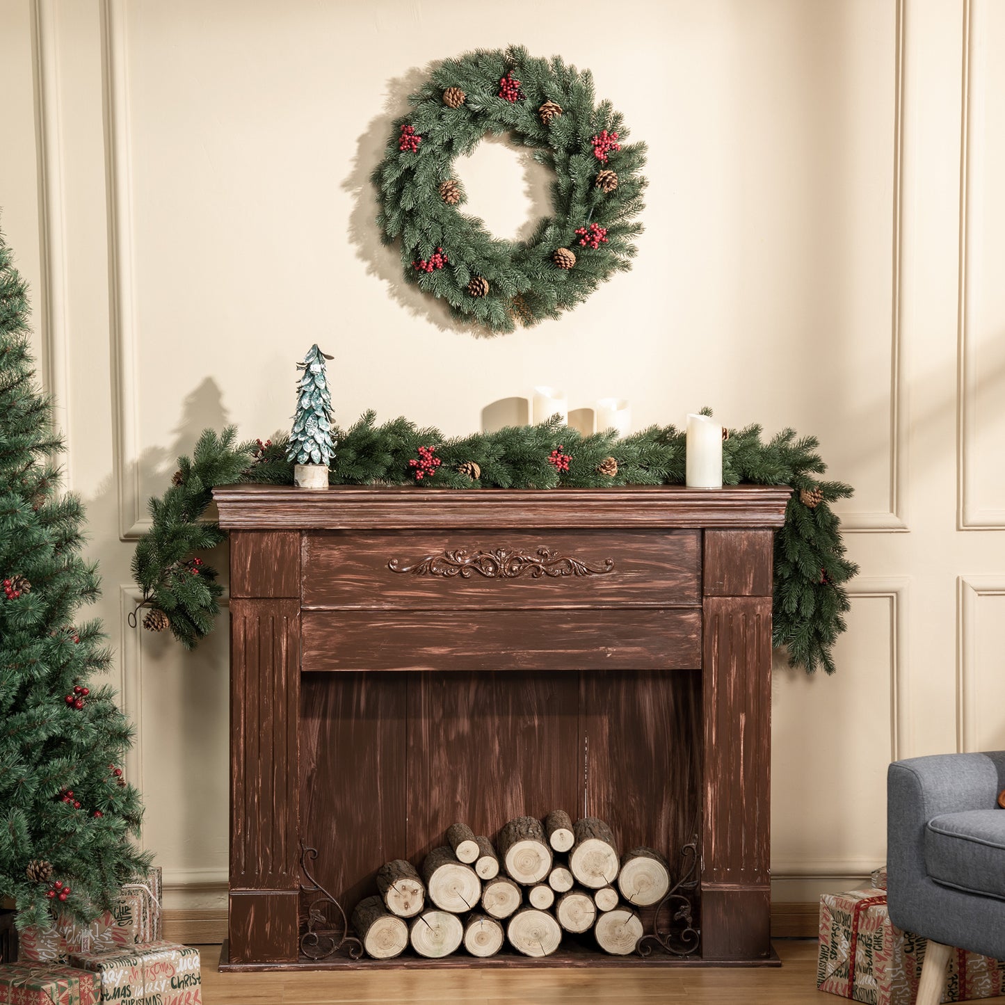 HOMCOM Tannenkranz Türkranz Weihnachtskranz Rückseite mit aufhänge Öse PE Grün Ø60 x 8 cm