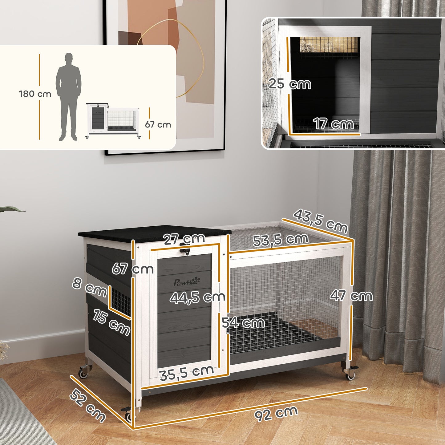 PawHut Kaninchenstall från Holz Hasenstall mit Freilaufgehege Rädern Klappdach für Innen, draußen 92 x 52 x 67 cm Dunkelgrau