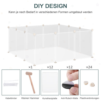 PawHut Freilaufgehege Laufgitter DIY Freigehege Gittergehege Absperrgitter Kleine Haustiere Laufstall für Innen 12 Platten Weiß Metall PP-Harz 105 x 105 x 45 cm