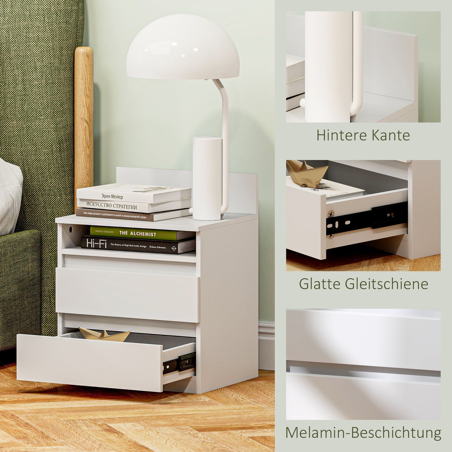 HOMCOM Nachttisch im 2er-Set mit Schubladen und Ablage, moderner Beistelltisch, für Schlafzimmer, Weiß