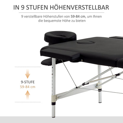 HOMCOM Massageliege, 2 Zonen klappbarer Massagetisch mit Kunstleder-Bezug, Kopfstütze, Armlehnen, Tasche, höhenverstellbare Massagebank 90cm Breit bis 225 kg belastbar, Schwarz