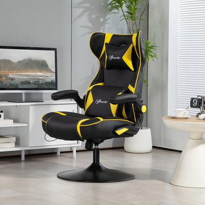 Vinsetto Gaming Stuhl mit Schaukelfunktion und Lautsprecher, Lenden- und Nackenstütze, für Spielzimmer, Kunstleder, Gelb+Schwarz