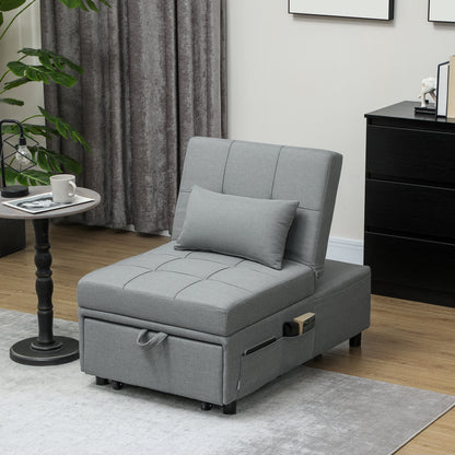 HOMCOM 3-in-1 Klappsessel mit Seitentasche, Gästebett mit Kissen, Verstellbarer Rückenlehne, Bettsessel mit Rollen, Hellgrau