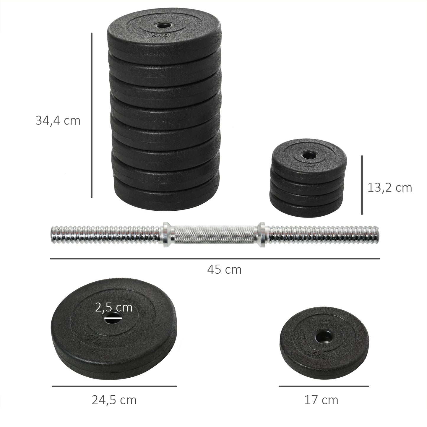 HOMCOM Kurzhantel-Set 2 x 25 kg, 2 x 6 Hantelscheiben mit Kunststoffhülle, bodenschonend, Schwarz